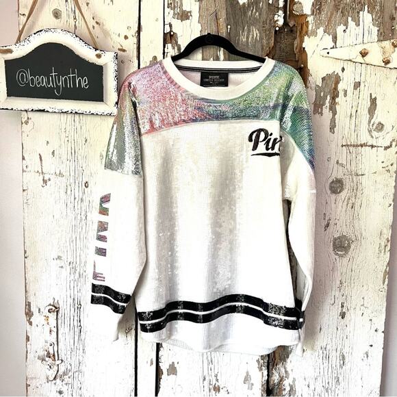 Victoria Secret PINK Release 001 Sequin Open Back Crew Long Sleeve Iridescent M - Picture 1 of 11